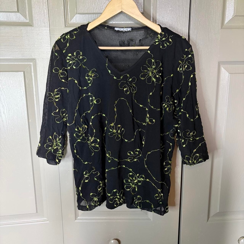 Only 9 Womens Y2K Floral Sheer Blouse Black Green Embroidered Mesh Top Large